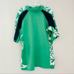 Green Tropical Hawaiian Sleeve Swim Shirt Rash Guard Medium 10-12
